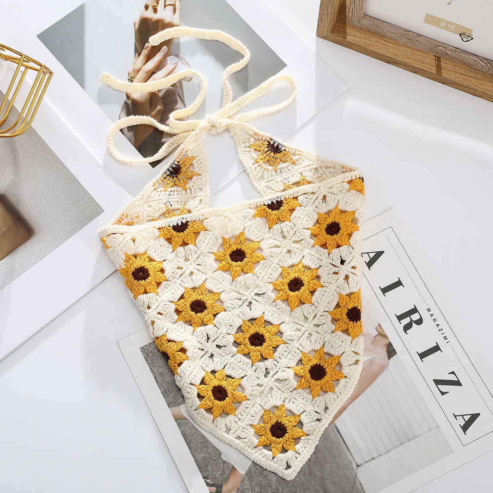 Girl Checker Crochet Triangle Scarf Headband Knitted Flower