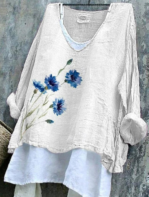 Women's White Flower Pattern Print Cotton And Linen Shirt