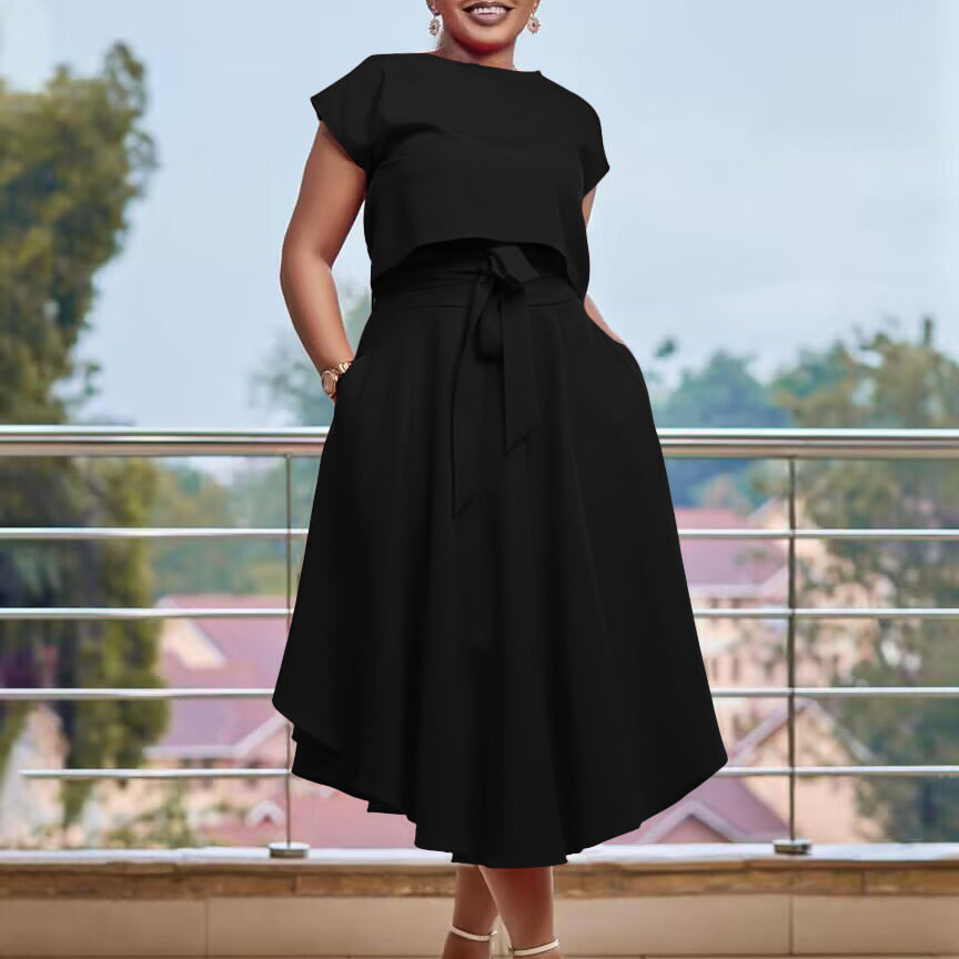 Solid Color Top Big Hem Skirt Two-piece Set