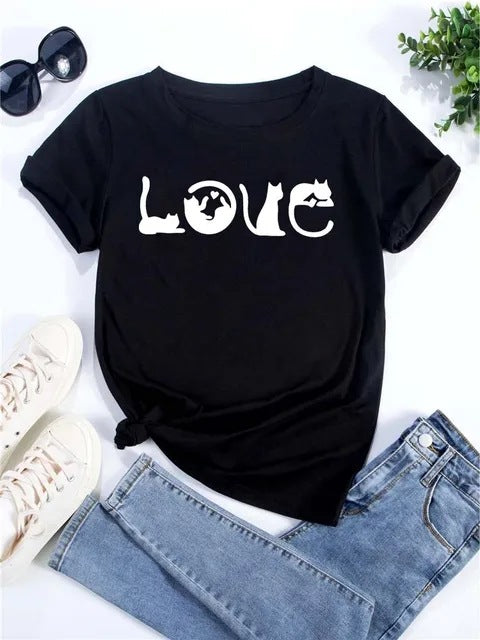 Womens Heart-Shaped Cat Crew-Neck Printed Short-Sleeve Top