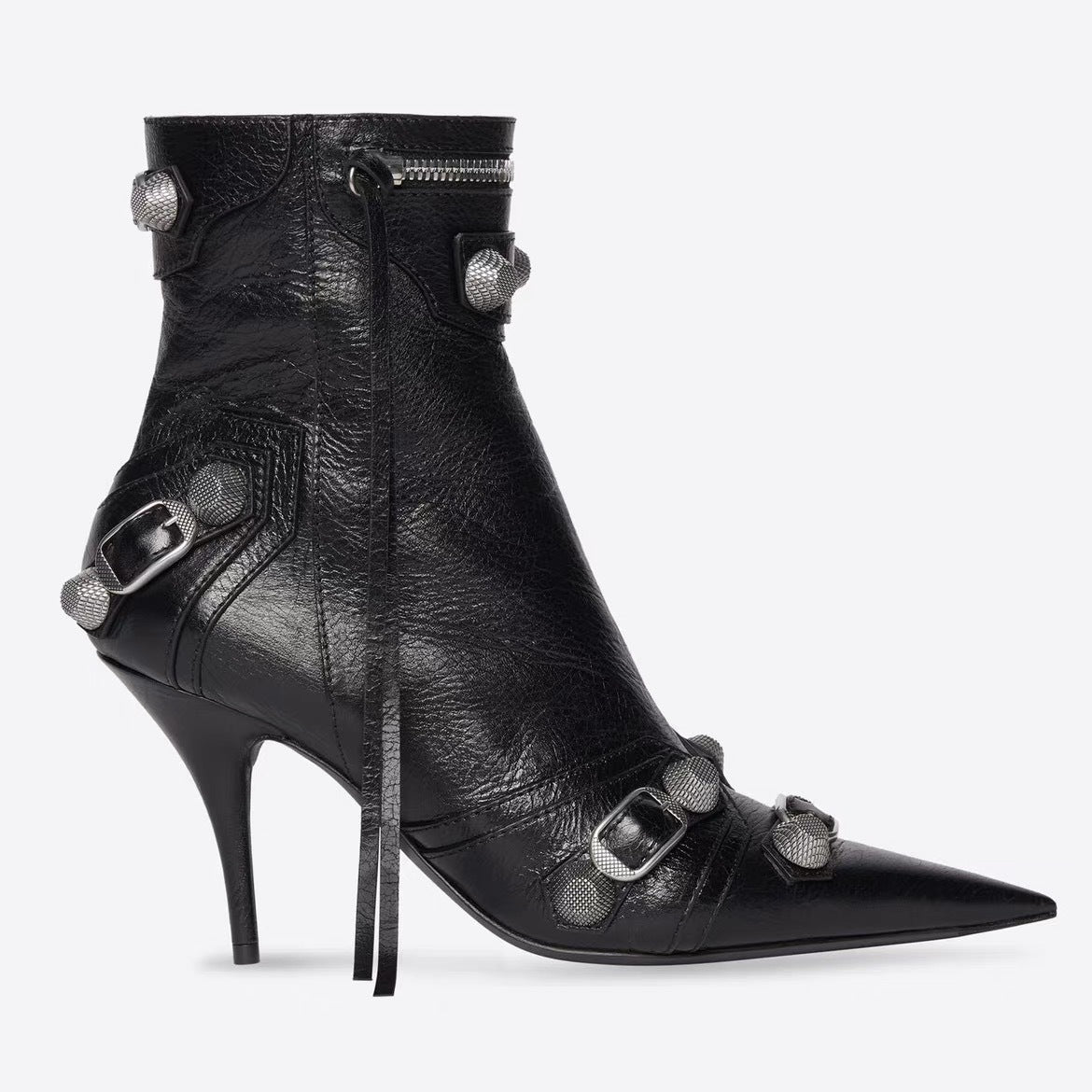 Pointed Toe Side Zipper Metal Stud Biker Booties