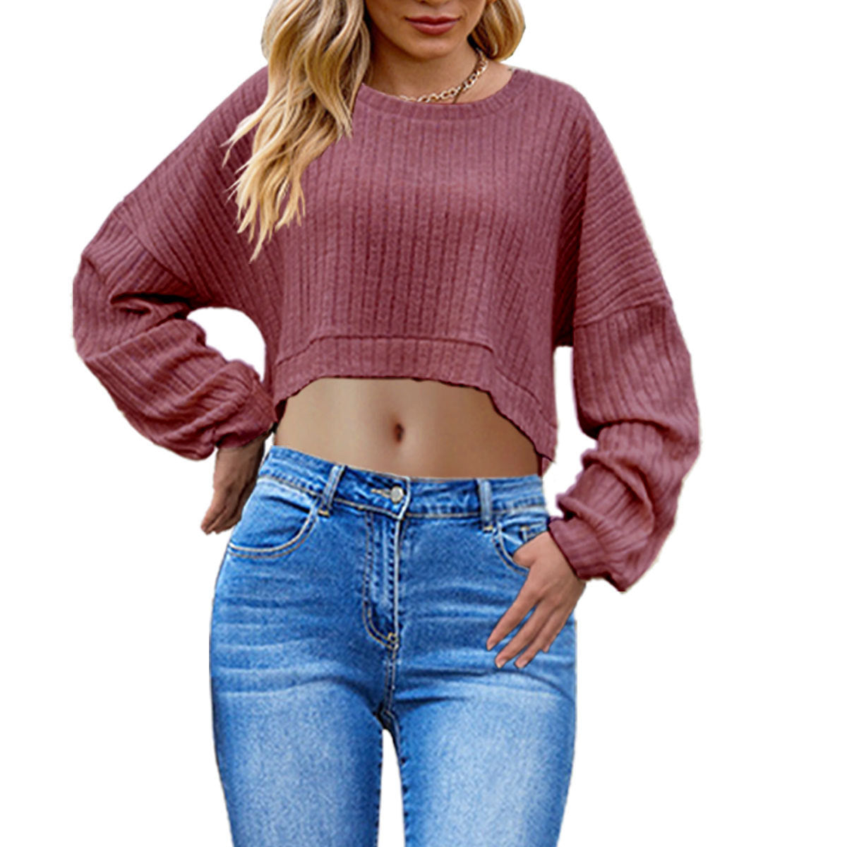 European And American Brushed Sunken Stripe Knitted Midriff-baring Long Sleeve Short T Women's Top