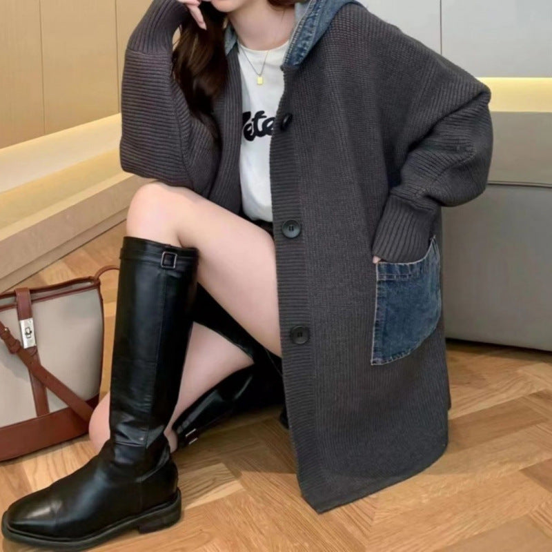 Mid Length Loose Fit Denim Patchwork Knit Cardigan