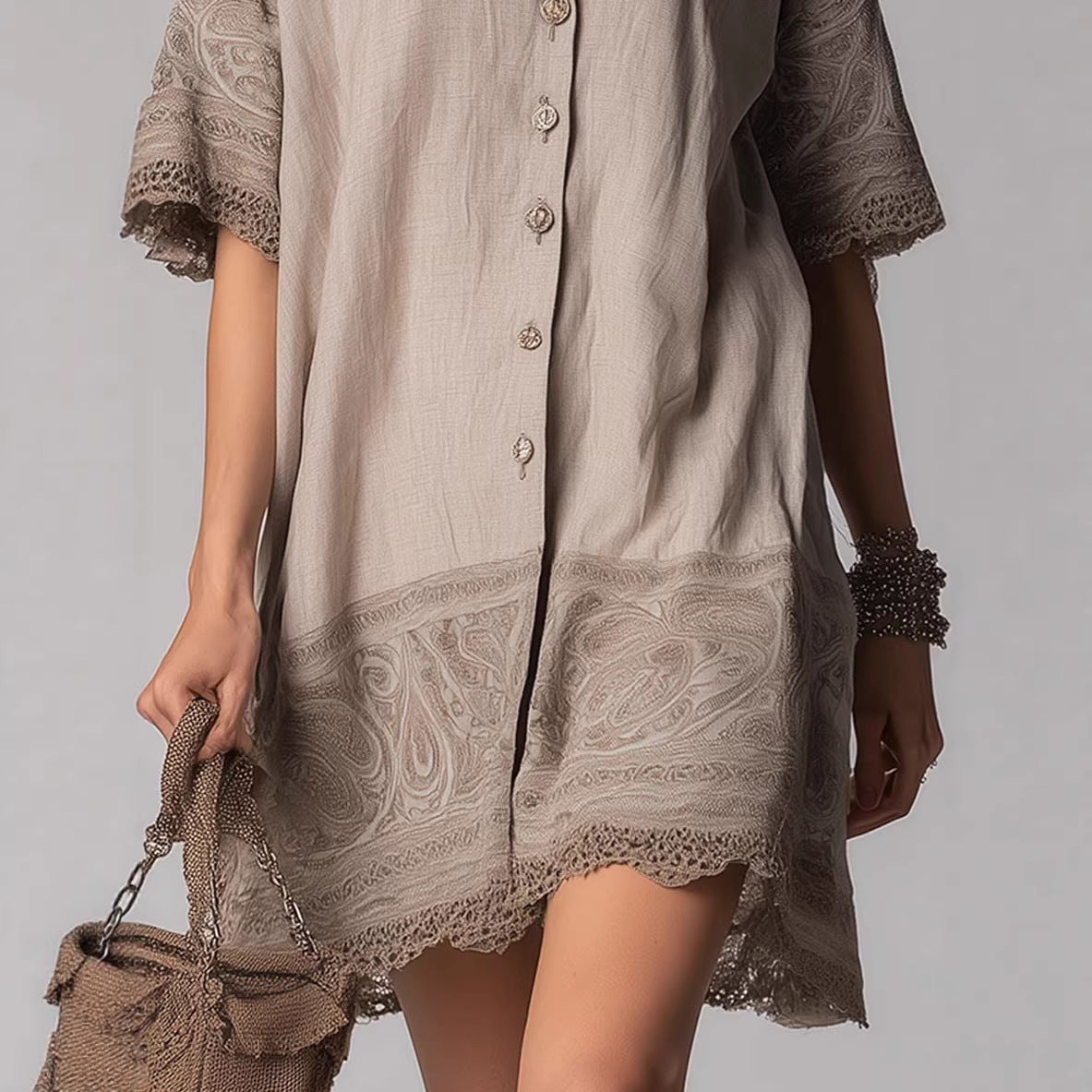 Womens Retro Cotton Heavy Embroidered Shirt With A Turn Down Collar And Single Breasted Button Closure