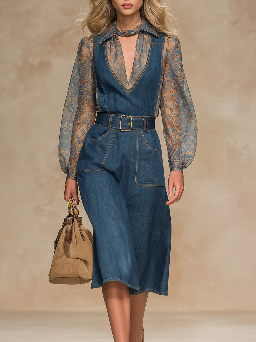 Womens Blue Denim Jumpsuit With High Waist Loose Fit And Large Pockets