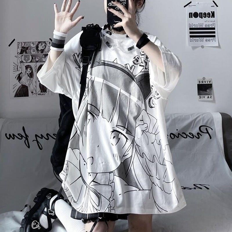 Japanese Anime Print Loose White Short Sleeve Top