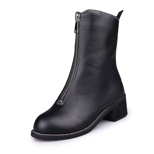 Flat Mid-Tube Soft Leather Front Zipper Single Boot