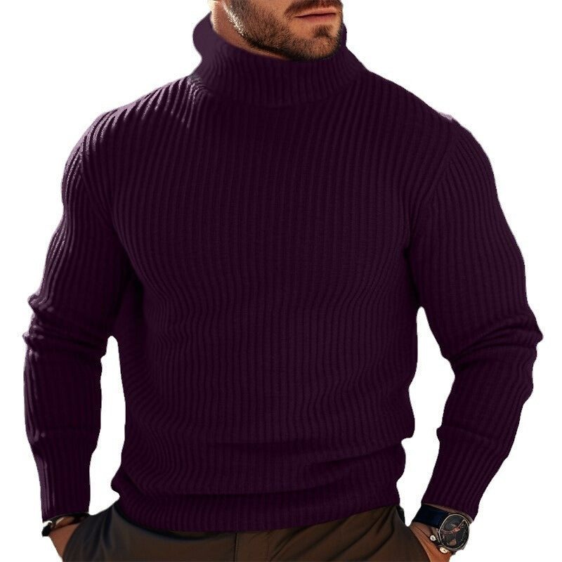 Efterår Og Vinter Turtleneck Ensfarvet Stribet Sweater Mænd