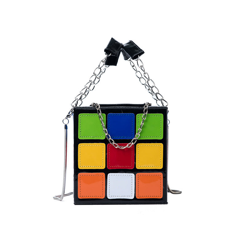 Fashion Color Contrast Cute Personality Creative Rubik's Cube Shape Portable Hand-carrying Chain Bag