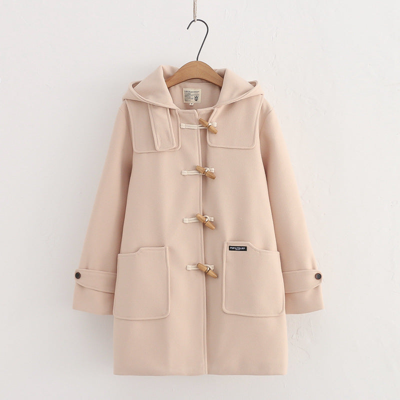Retro Horn Button Hooded Woolen Coat