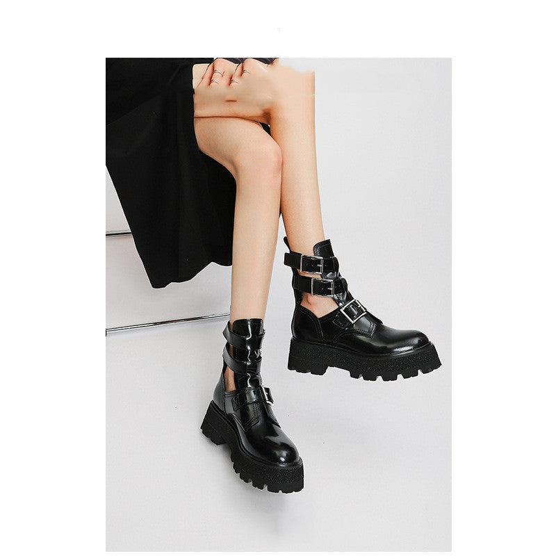 New Leather And Black Muffin Platform Hollow Boots