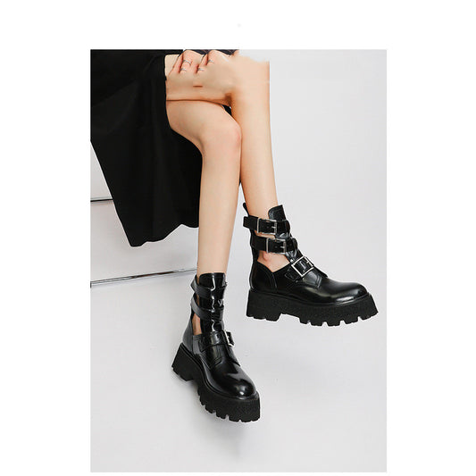New Leather And Black Muffin Platform Hollow Boots