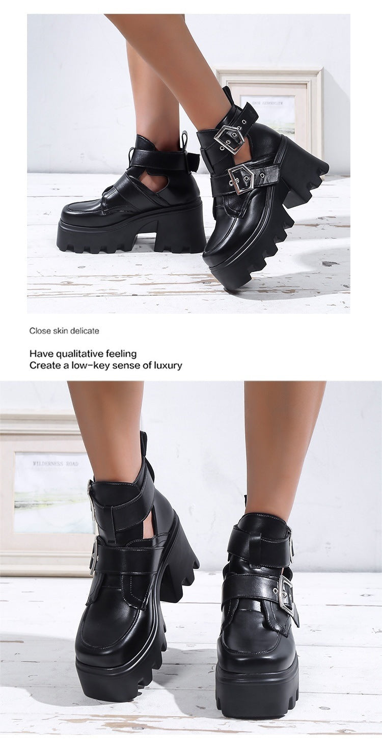 European And American Chunky Heel Platform Women's Belt Buckle Chain Fashion Boots