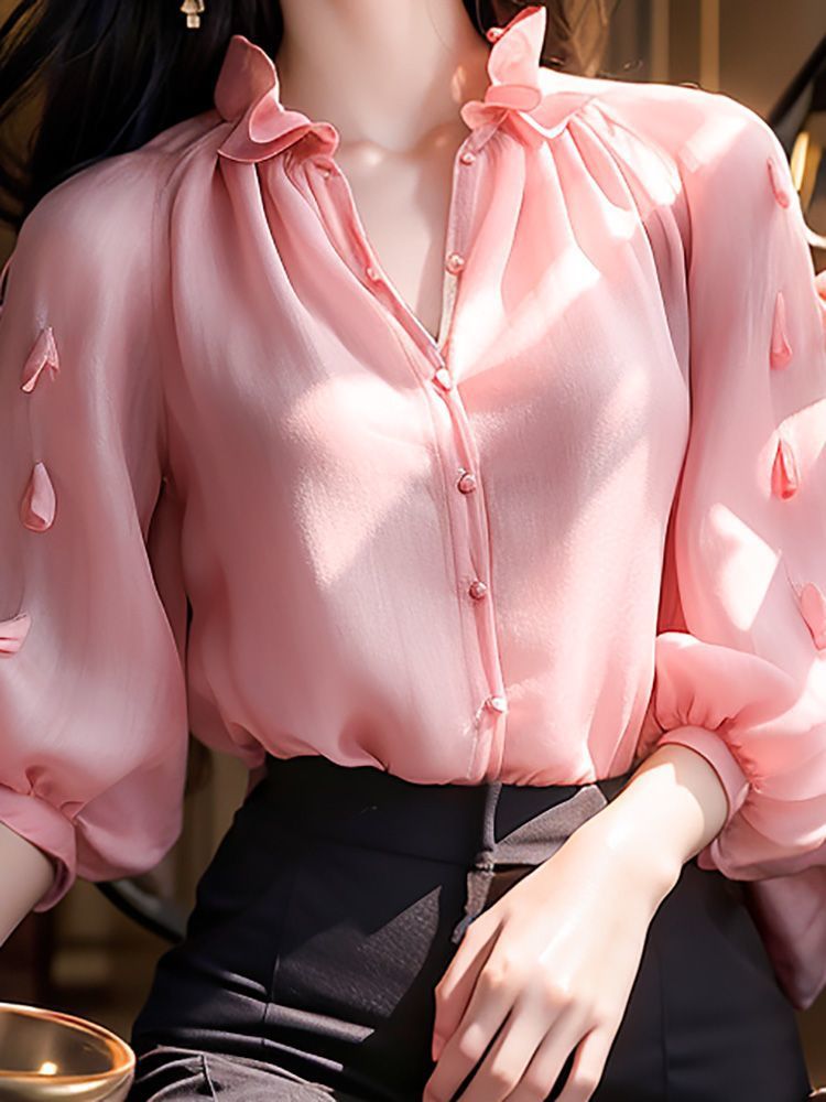 Three-dimensional Petals Solid Color Lantern Sleeve Top Slimming Shirt
