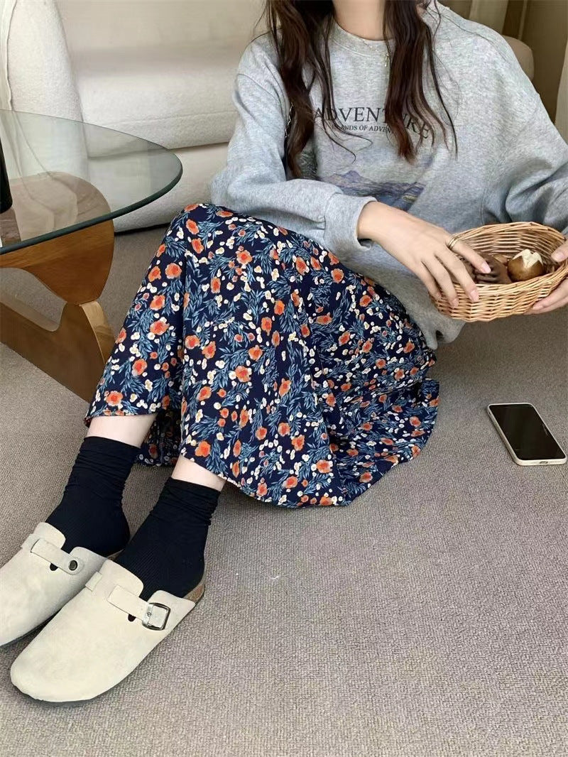 Women's Floral Skirt Autumn And Winter Lazy Style High Waist Elastic