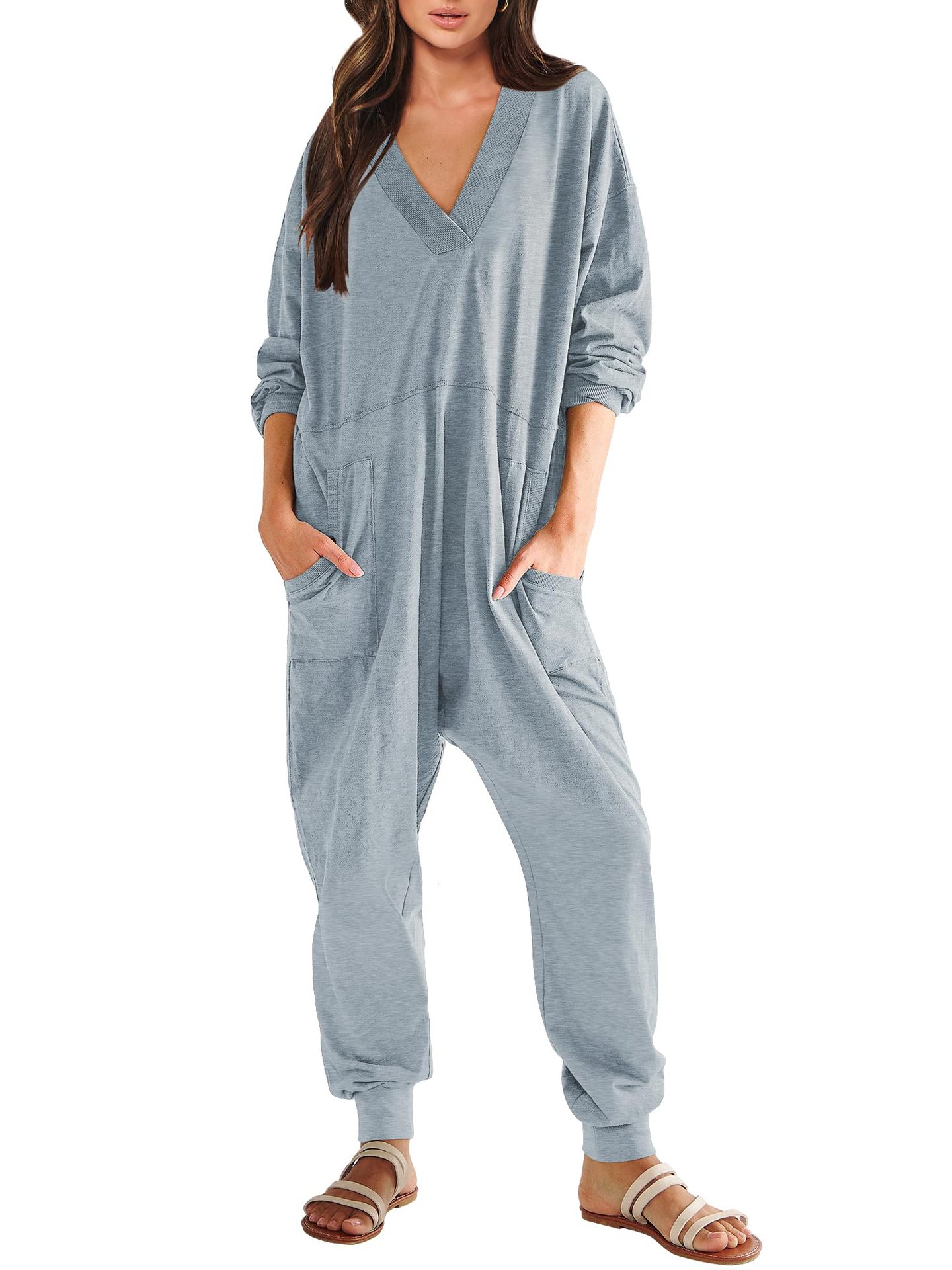Women's V-neck Long Sleeve Solid Color Loose Jumpsuit With Two Side Pockets