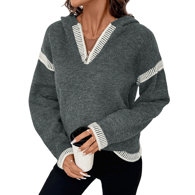 Dark Gray Contrast Color Trim Sweater