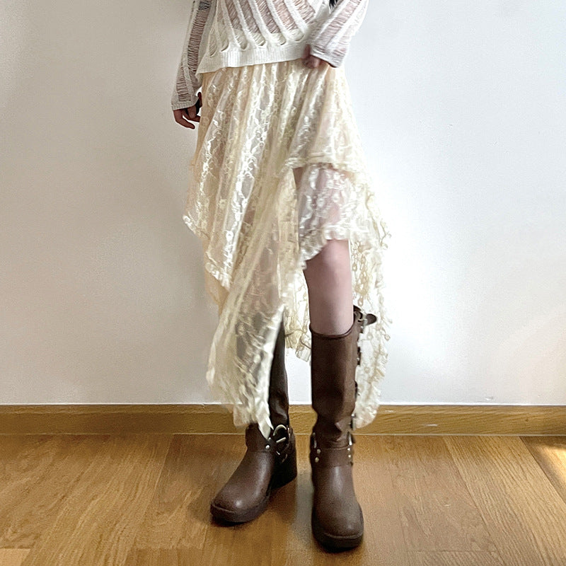 Women's Fashion Casual Vacation Style Low Waist Double Layer Lace Long Dress