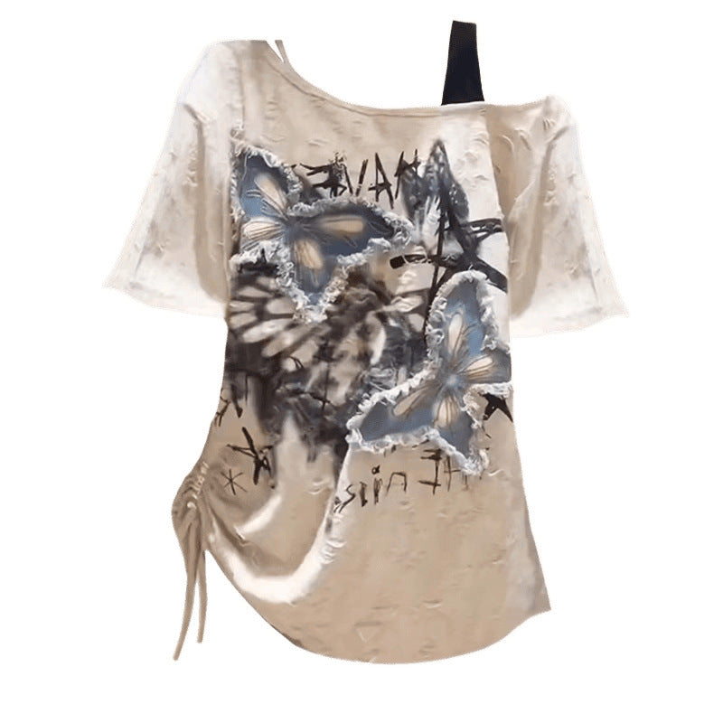 Slightly Fat Beautiful Butterfly Oblique Shoulder Tops Loose Short Sleeve