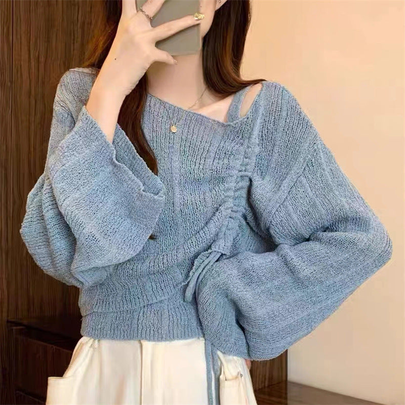 Knitwear High-grade Short Off-shoulder Long-sleeved Top Two-piece Set