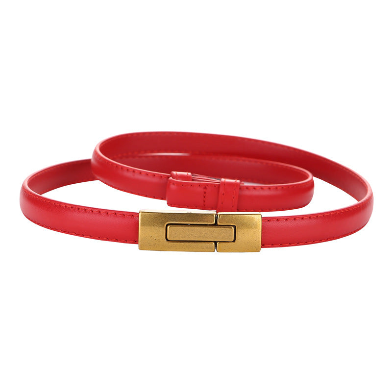 Women's Leather Thin Belt First Layer Cow Leather Button