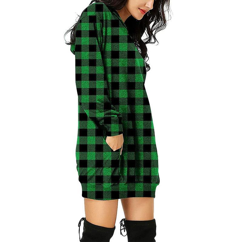 Printed Plaid Mid Length Hooded Long Sleeve Sweatshirt Women's