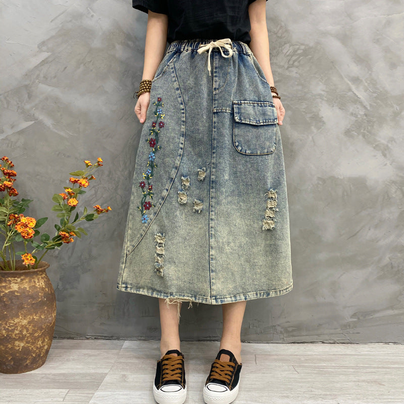 Vintage Embroidered Hole Denim Skirt Spring And Autumn New Style