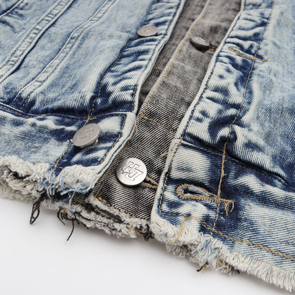Spring And Autumn Stitching Contrast Color Washing Loose All-match Pu Handsome Denim Jacket