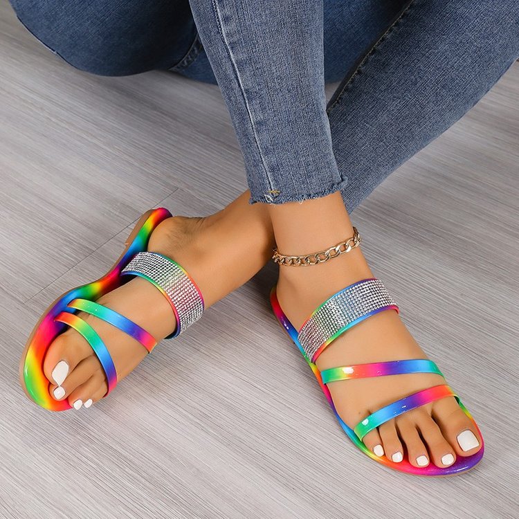 Round Toe Dream Color Rhinestones Flat Slippers