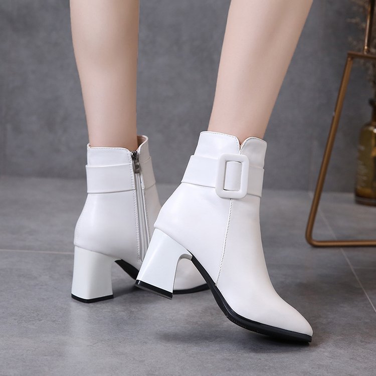 Toe Thick Heel High Heel Belt Buckle Fashion White Martin Boots