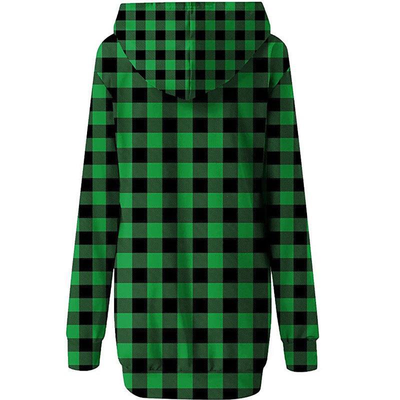 Printed Plaid Mid Length Hooded Long Sleeve Sweatshirt Women's