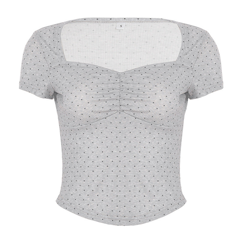 Womens Off-shoulder Polka-dot Short-sleeve Slim-fit Asymmetrical Top