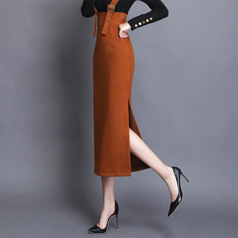 Women's Fashion Woolen Solid Color Suspender Skirt