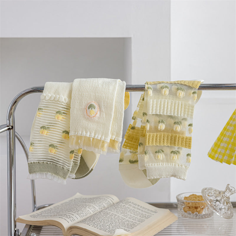 Tulip Yellow Green System Glass Silk Pile Women's Socks