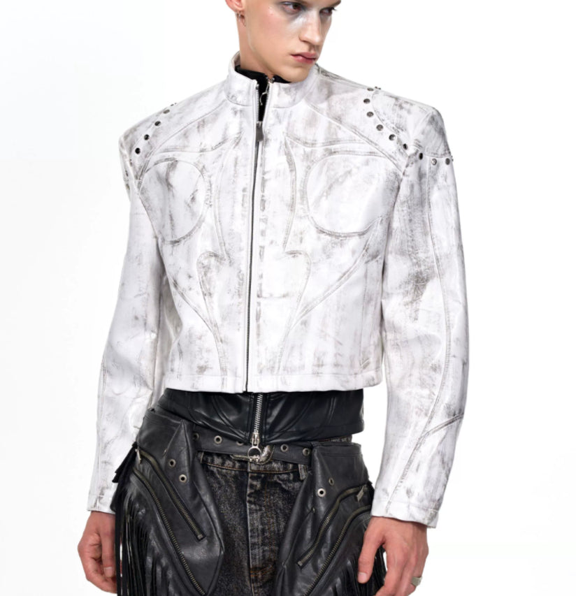 Mens Stand Up Collar Leather Jacket With Shoulder Pads