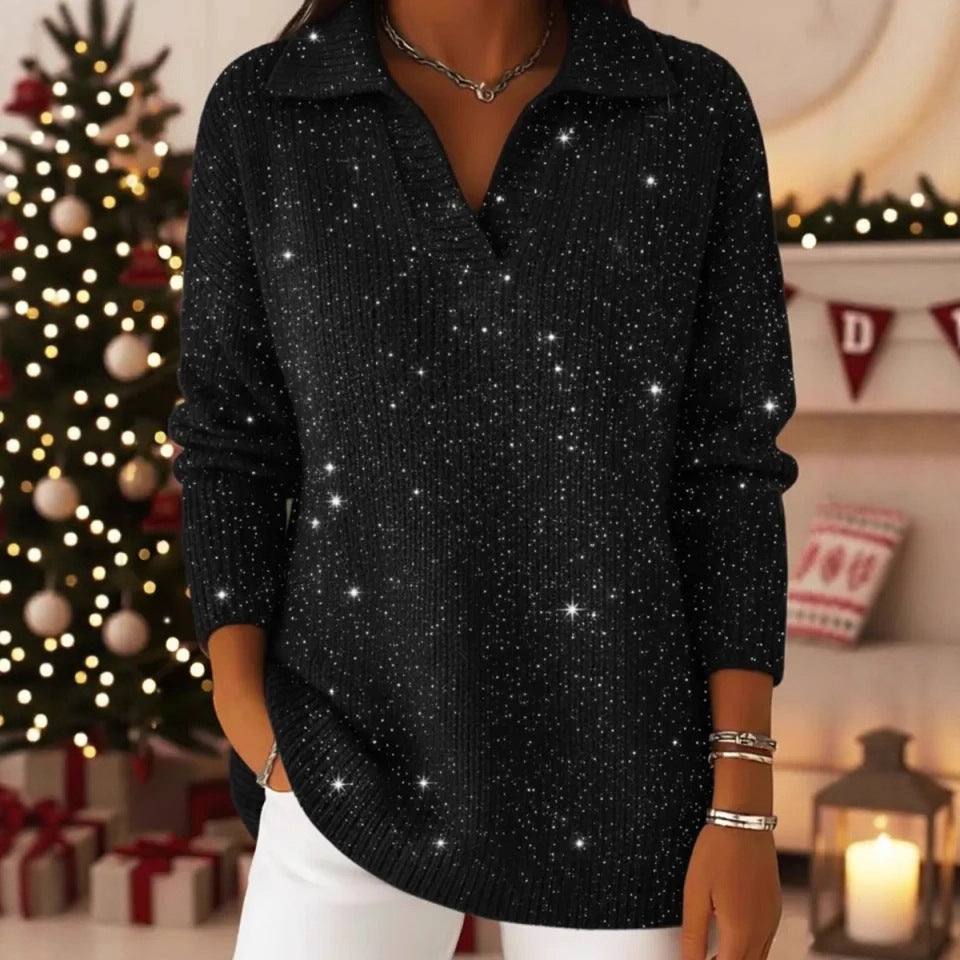 Ny Ensfarvet Langærmet Top Glitrende Sweater