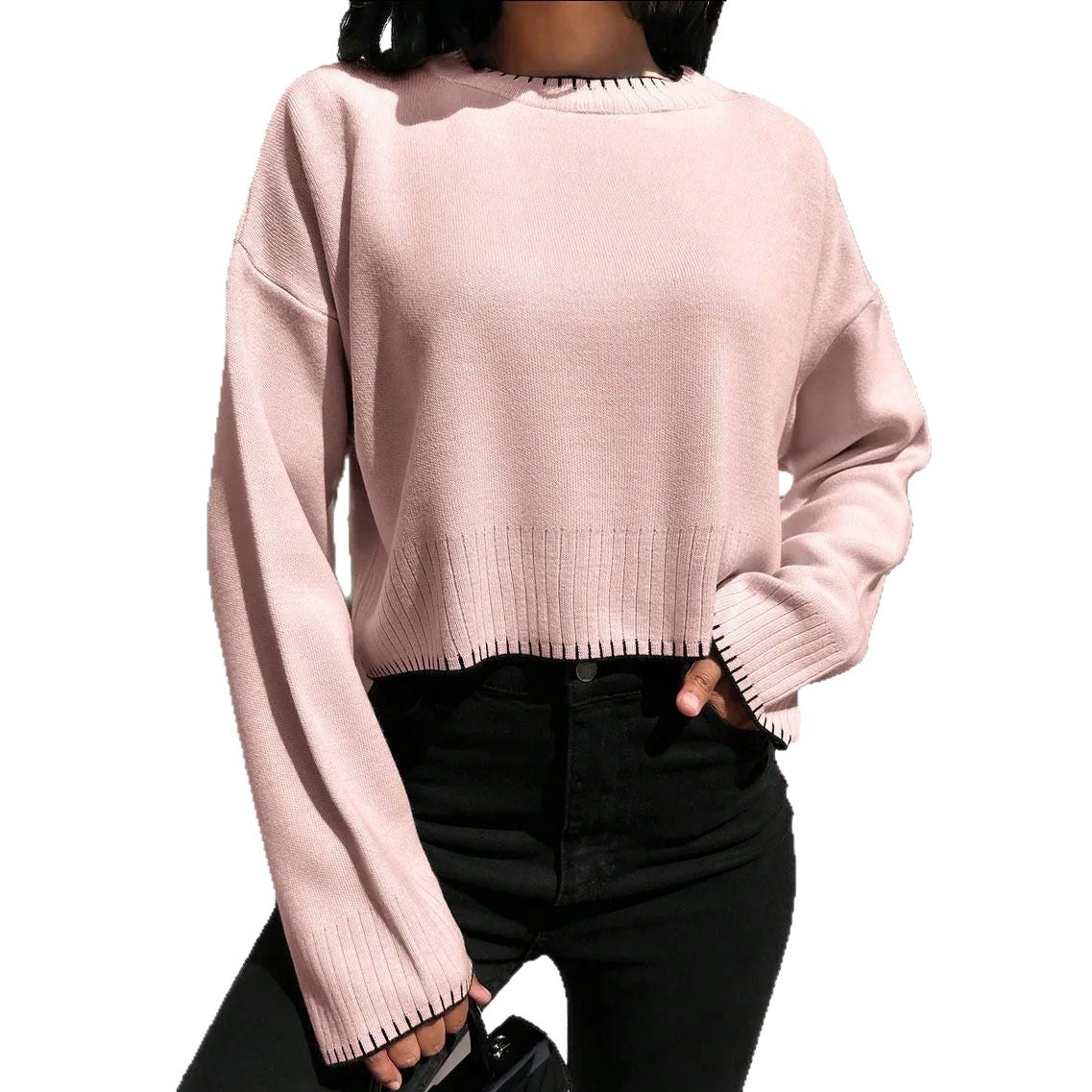 High-waisted Color-block Loose-fitting Cropped Pullover Knit Sweater