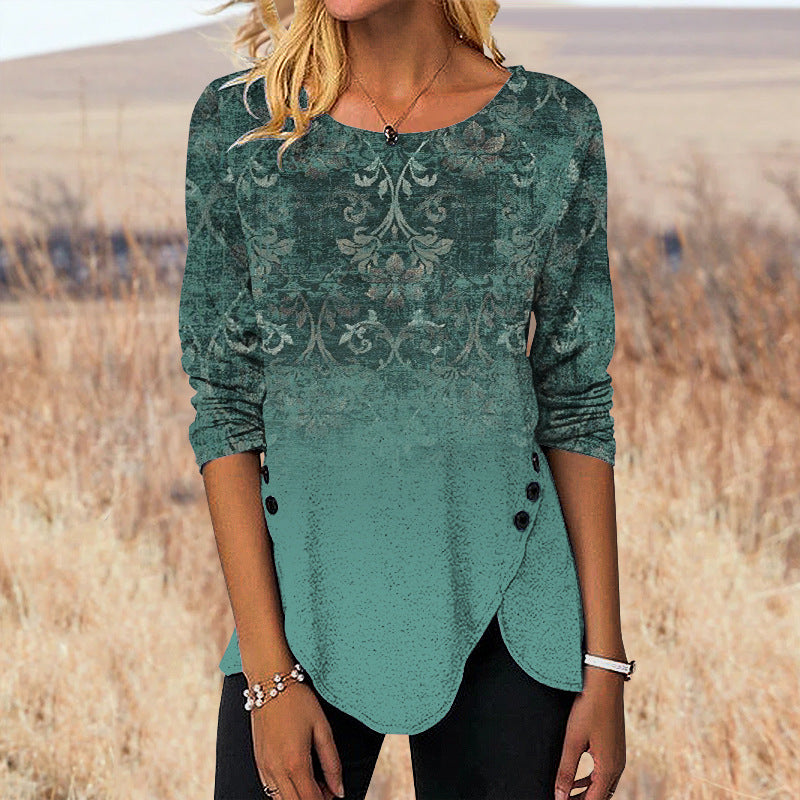 Digital Retro Printed Button Irregular Hem Round Neck Long Sleeve 3D