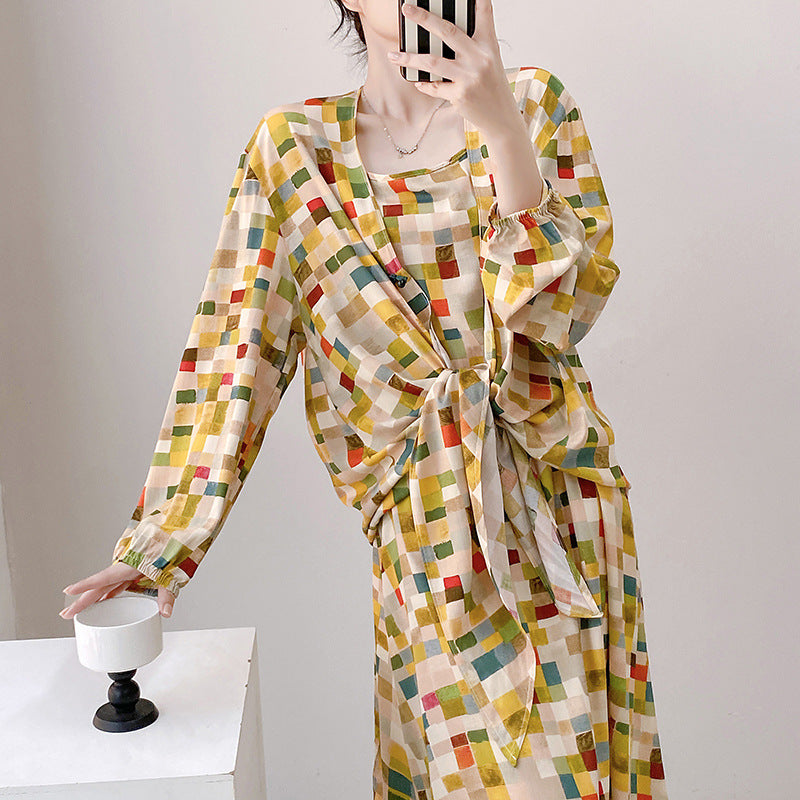 Womens Loose Casual Printed Camisole Dress And Outerwear Set