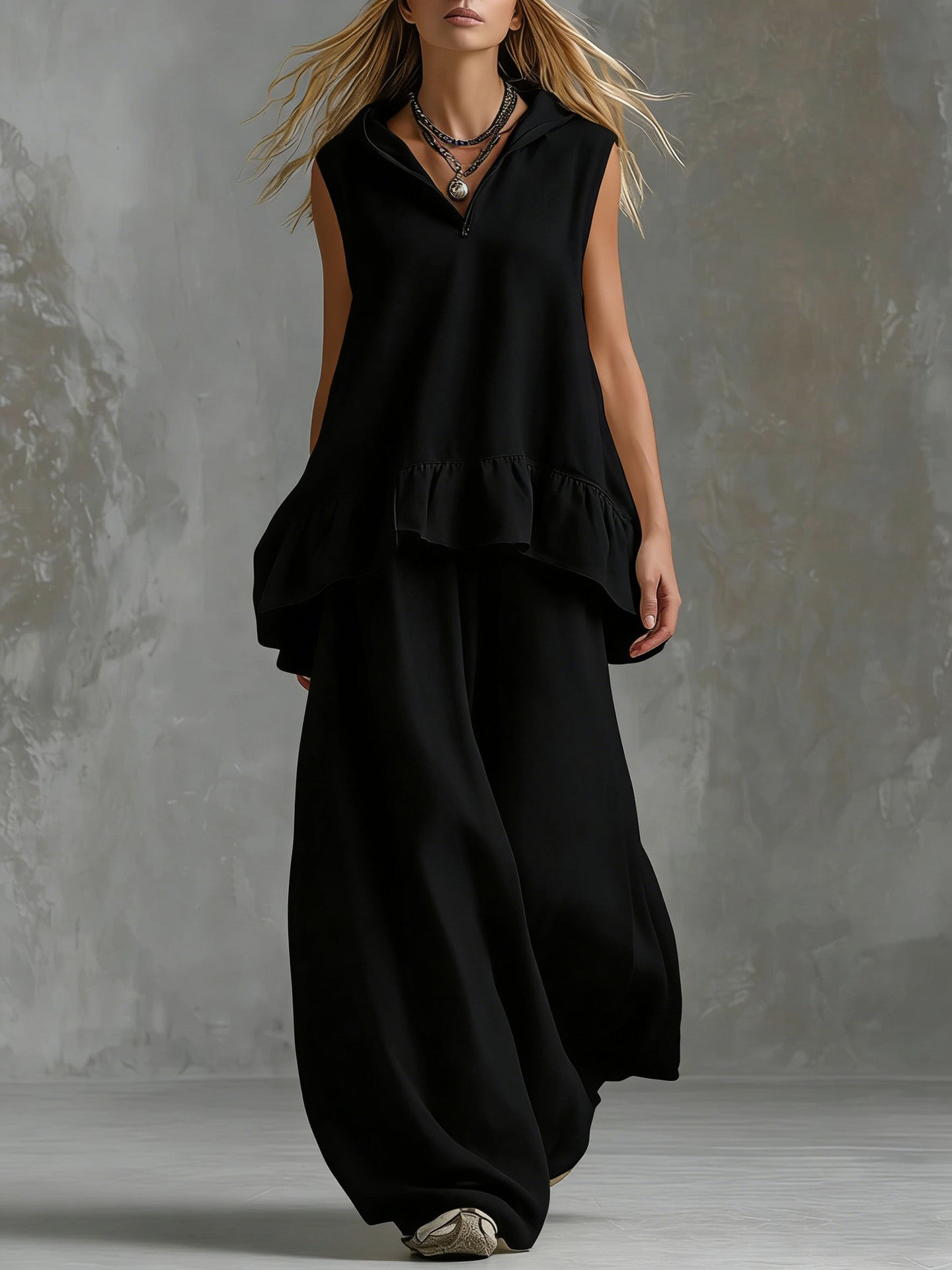 Casual Sleeveless Top And Fashionable Wide-Leg Pants Two-Piece Set