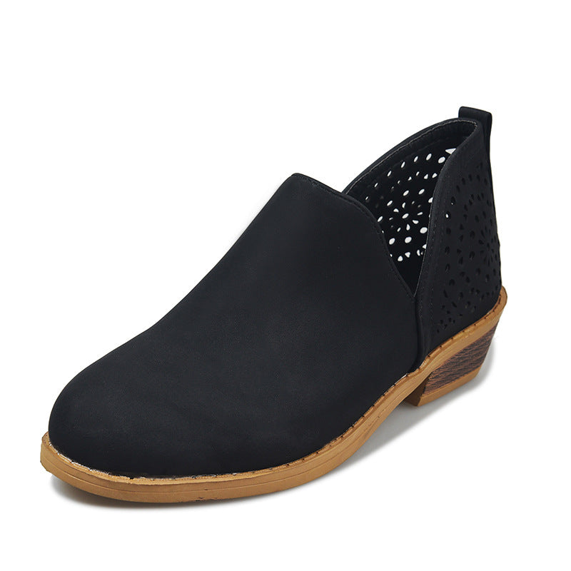Short boots female pointed thick heel hollow