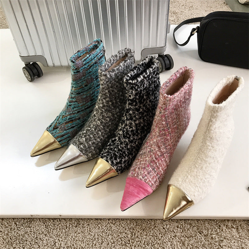 Fashion Wind Felt Material Pointy Color Combination Small Fragrance Wind Ankle Boots Female