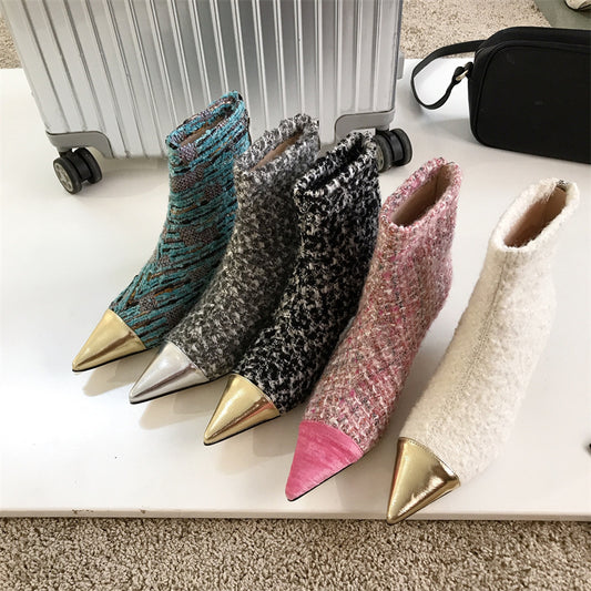 Fashion Wind Felt Material Pointy Color Combination Small Fragrance Wind Ankle Boots Female