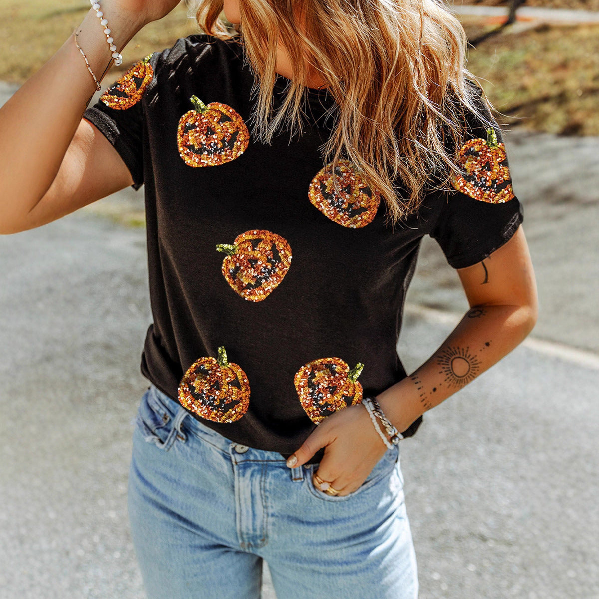 Women's Casual Halloween Sequin Stitching Loose Short Sleeve