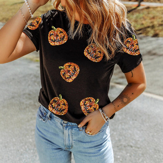 Women's Casual Halloween Sequin Stitching Loose Short Sleeve