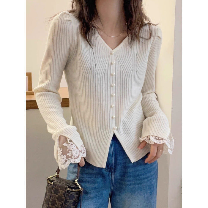 Korean Style Sense Of Design Long Sleeve Lace Splicing Knitwear