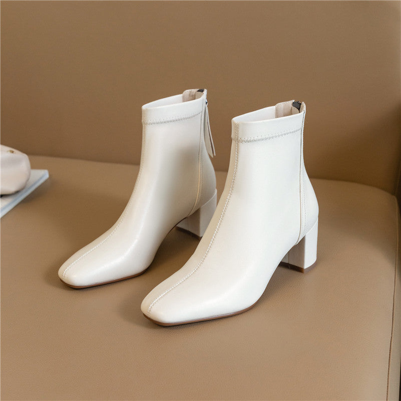 Thin Boots Women's Short Square Toe Retro All-match Nude Boots