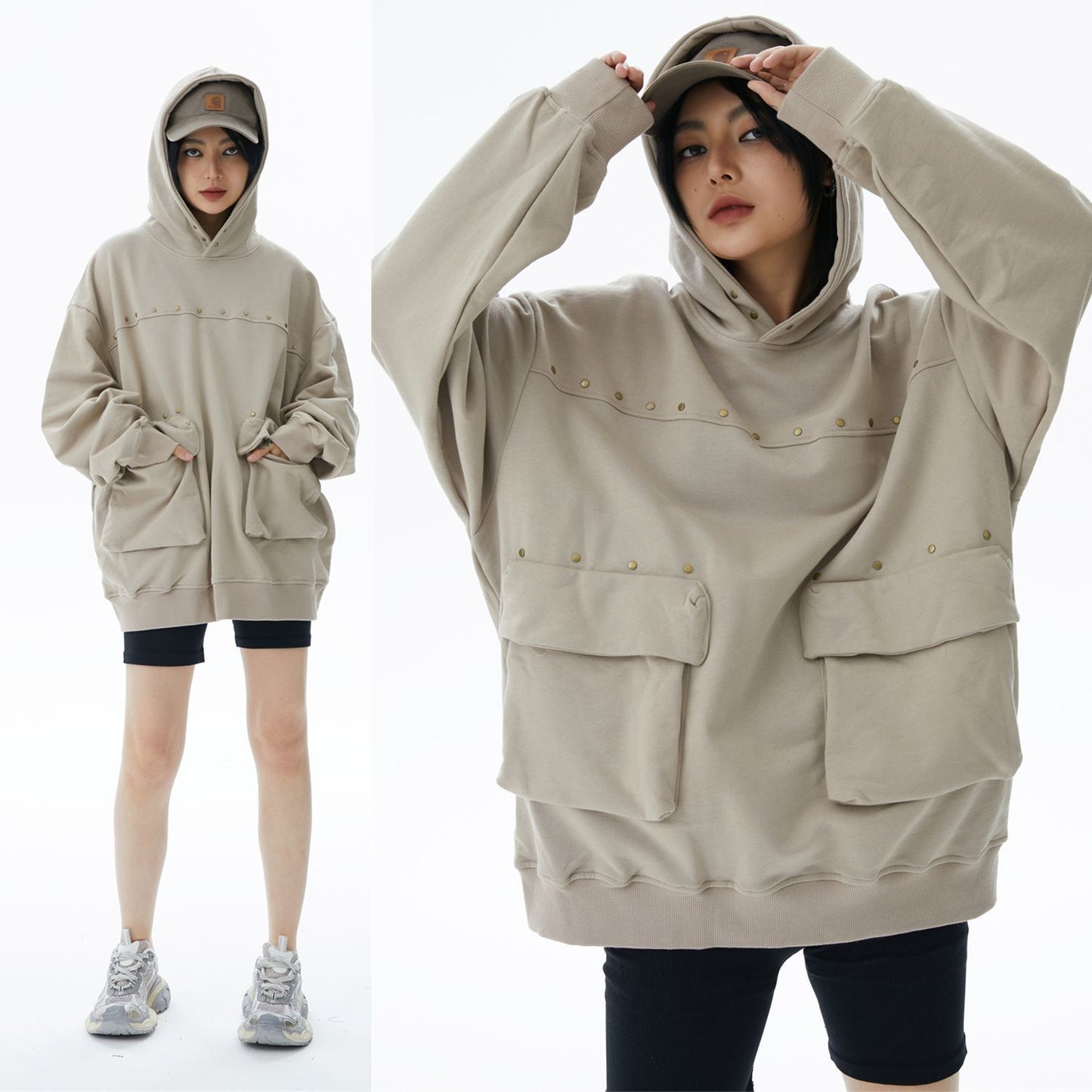 Multi-pocket Rivet Design Men's Hooded Terry Sweater