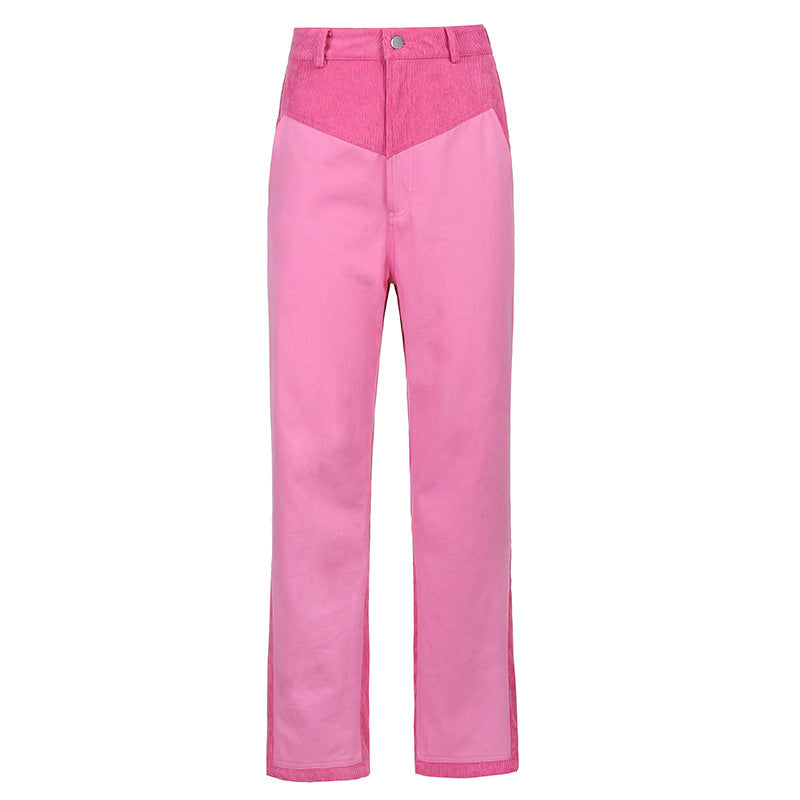 Corduroy Stitching Contrast Waist Straight-leg Pants