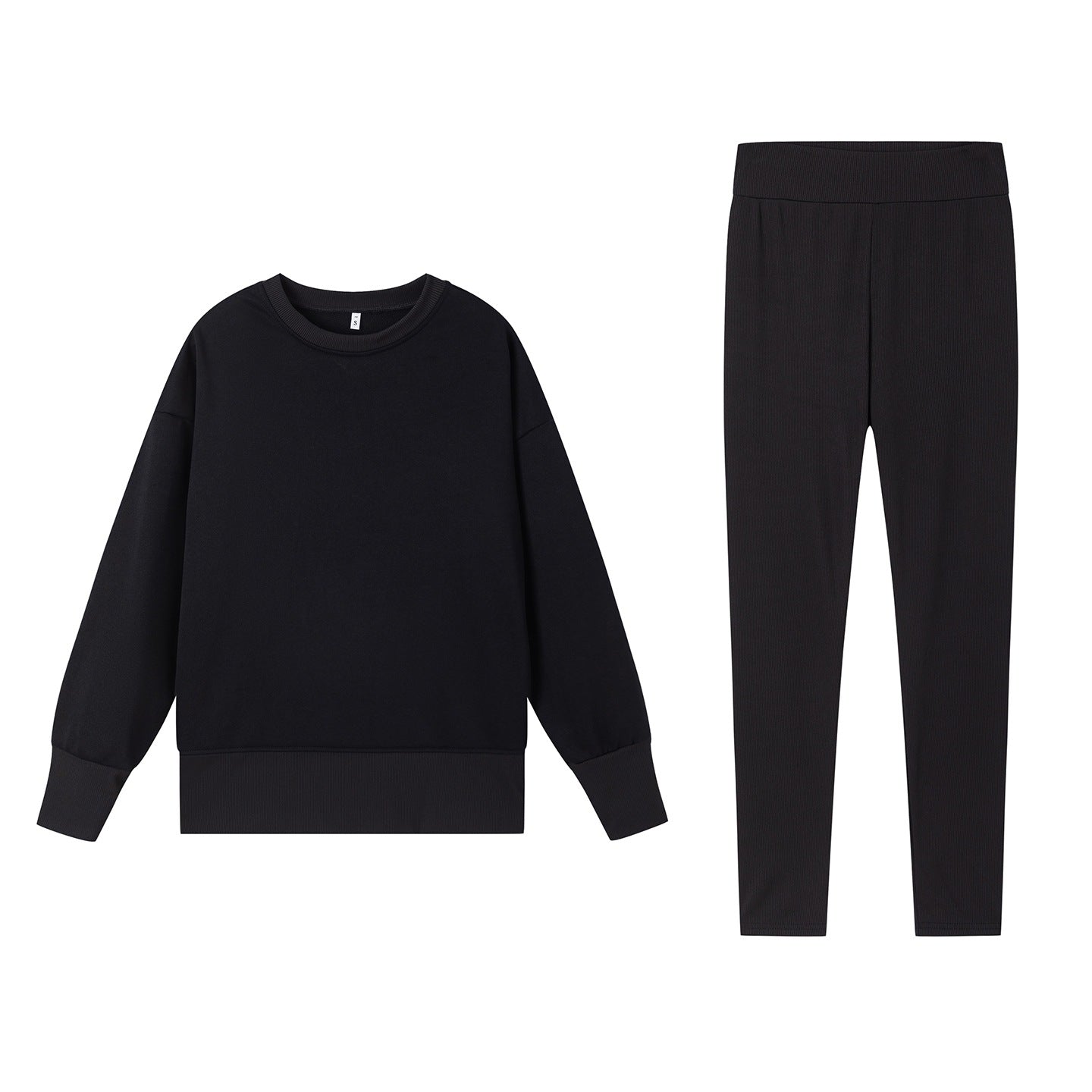 Casual Relaxed Fit Long Sleeve Crew Neck Top With Side Slits Paired With Matching Sweatpants